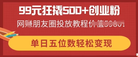99元狂撬500+创业粉,单日五位数轻松变现,网创朋友圈投放教程-灯任务